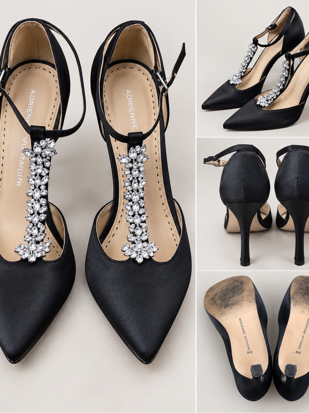 Adrienne Vittadini Black Satin T-Strap Crystal Embellished Pumps